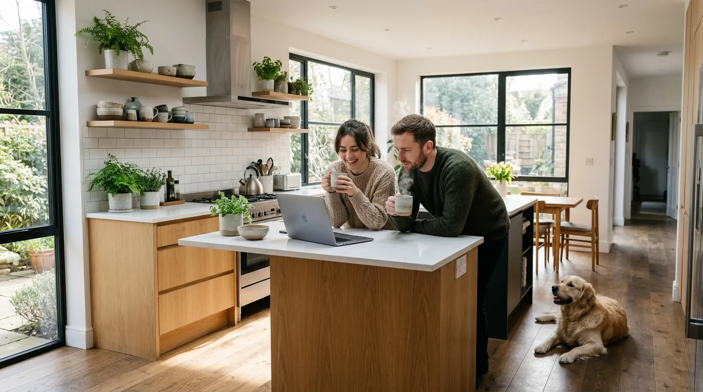 Couple with coffee and a laptop in a bright modern kitchen, dog on the floor