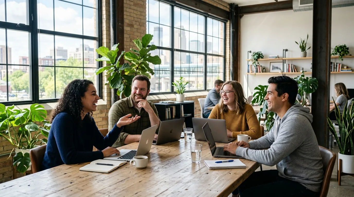 The Northlight team working around a table in their Minneapolis loft office